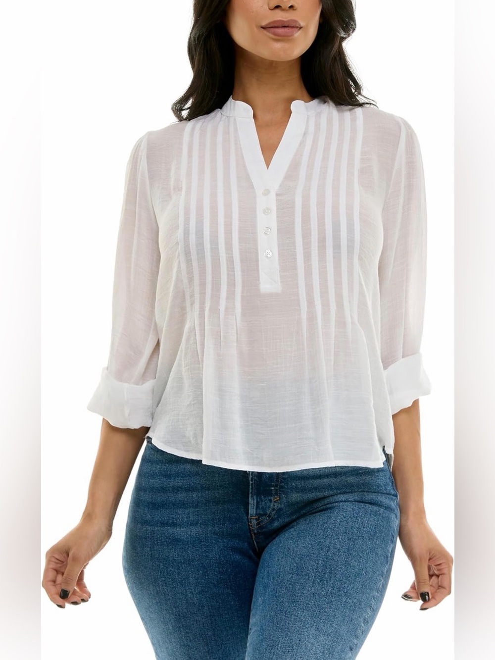 Zac & Rachel White Linen-Like Henley Blouse XL 3/4 Sleeve